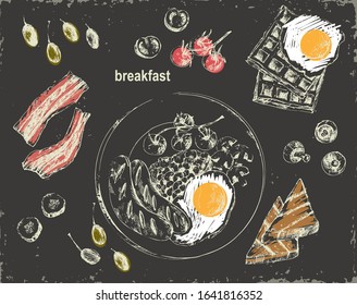 Hand drawn chalk breakfast menu illustration. English breakfast with fried egg, sausages, beans, mushrooms, tomatoes, toast, wafles.