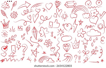  flèche dessinée à la main, coeur, ensemble d'éléments de couronne. Forme de soulignement de marqueur d'esquisse dessinée à la main, flèche, élément de trait de pinceau à griffonnage étoile. Couronne, icône graphique d'amour. Illustration vectorielle 