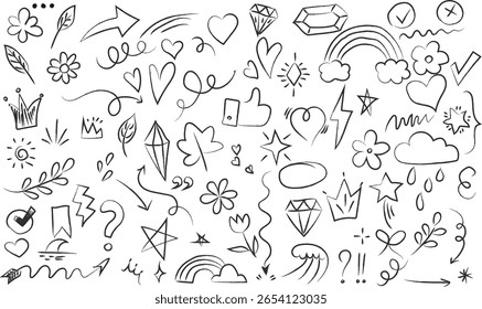  flèche dessinée à la main, coeur, ensemble d'éléments de couronne. Forme de soulignement de marqueur d'esquisse dessinée à la main, flèche, élément de trait de pinceau à griffonnage étoile. Couronne, icône graphique d'amour. Illustration vectorielle 