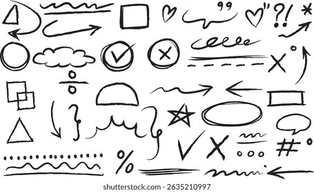 Hand drawn chalk brush stroke arrow icon set with underline, check mark, scribble texture, heart, star, arrow, geometric shape, cloud and frame. Crayon sketch style vector elements for creative design