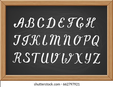 Hand drawn chalk calligraphic capital letters of the Latin alphabet on black realistic chalkboard