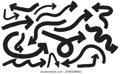 Hand drawn chalk and charcoal arrow doodle collection in thin black stokes isolated on white background