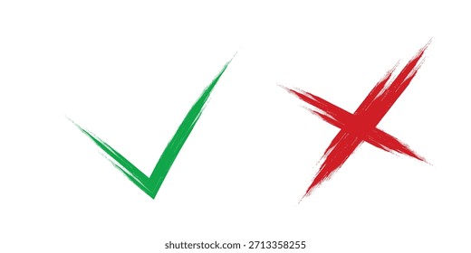 Handgezeichnete Checkliste für Kreide. Häkchen kritzeln. Ja und kein Häkchen. grüne Zecke und rote Kreuz-Zeichen. Pinsel korrekt oder falsch Vorzeichen Vektor 10