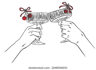 Hand drawn chalk cheers. Cheers or drinking couple toast drawing. Hands with cocktail glass and cherry drawings for wedding invitations, menus and parties.  Clipart vintage ink doodle sketch style