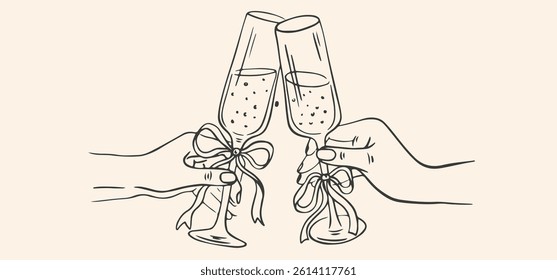 Hand drawn chalk cheers. Hands with champagne glass drawings for wedding invitations, menus and parties.  Doodle art template. Clipart vintage ink doodle sketch style