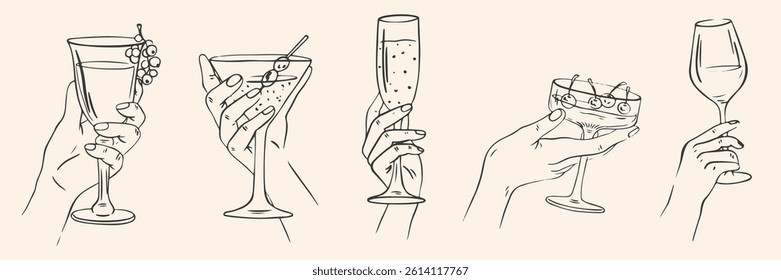 Hand drawn chalk cheers. Hands with wine, champagne glass, cocktails drawings for wedding invitations, menus and parties.  Doodle art template. Clipart vintage ink doodle sketch style