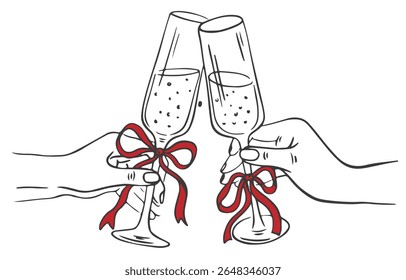 Hand drawn chalk cheers. Hands with champagne glass drawings for wedding invitations, menus and parties. Drink with ribbon and bow in crayon and sketch. La dolce vita italian style