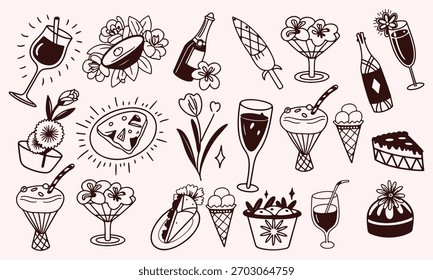 Alegrías de tiza dibujadas a mano. Manos con dibujos de copa de champán para invitaciones de boda, menús y fiestas. Plantilla de arte Doodle. Clipart de tinta vintage doodle estilo de boceto