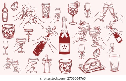 Torcedores de giz desenhados à mão. Mãos com desenhos de vidro de champanhe para convites de casamento, menus e festas. Modelo de arte de doodle. Clipart vintage tinta doodle esboço estilo