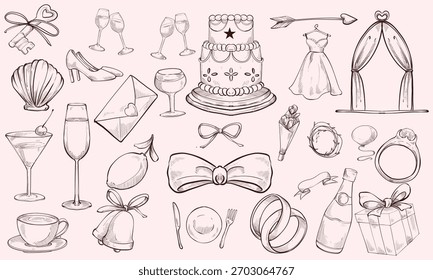 Alegrías de tiza dibujadas a mano. Manos con dibujos de copa de champán para invitaciones de boda, menús y fiestas. Plantilla de arte Doodle. Clipart de tinta vintage doodle estilo de boceto