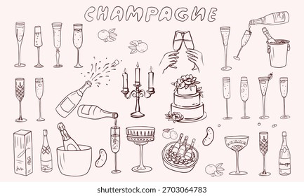 Alegrías de tiza dibujadas a mano. Manos con dibujos de copa de champán para invitaciones de boda, menús y fiestas. Plantilla de arte Doodle. Clipart de tinta vintage doodle estilo de boceto