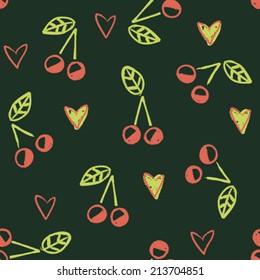 hand drawn chalk cherry and hearts childish seamless pattern, beautiful vector illustration