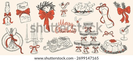 Hand drawn chalk Christmas dinner illustrations. Retro vintage new year food, wine, champagne tower, cocktails, candles, turkey, charcuterie in sketch style for invitations, menus and parties