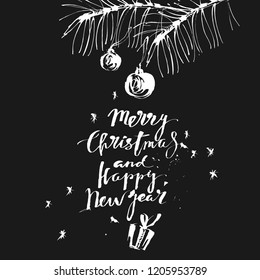 Hand drawn chalk Christmas and new year background, minimalism style. Merry Christmas and Happy New Year calligraphy, pine branches and ornaments, snowflakes. For festive design.