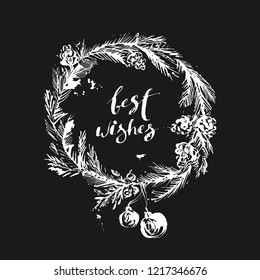 Hand drawn chalk Christmas and new year background, minimalism style. Best wishes calligraphy, christmas tree wreath, ornaments. For festive design, cards and invitations.