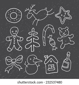 Hand drawn chalk christmas vector - cookies, deer, snowman, star and other hand drawn decorative elements