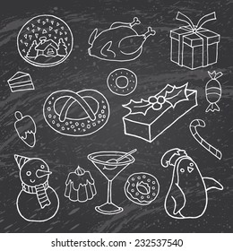 Hand drawn chalk christmas vector - big set hand drawn decorative elements