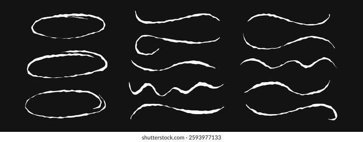 Hand drawn chalk circles and lines set. White pastel underlines and strokes collection. Wavy crayon brushstroke bundles. Rough sketch marks and highlights for divide, separate and emphasis. Vector