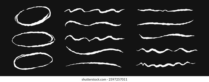 Hand drawn chalk circles and lines set. White pastel underlines and strokes collection. Wavy crayon brushstroke bundles. Rough sketched marks and highlights to divide, separate and emphasis. Vector