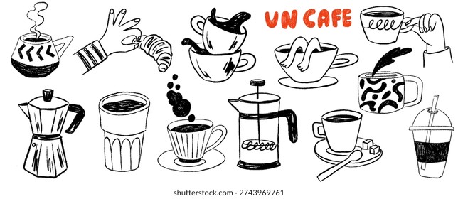 Hand drawn chalk coffee set. Crayon doodle print design with coffee in doodle naive ink drawing style. Minimalist line art. Vector Illustration for prints, posters, placards, menus, cafe