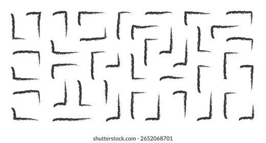 Elementos de canto desenhado à mão com giz, quadros retangulares, cantos de texto, quadro de citação preta, padrão geométrico. Linhas marcadoras de giz de cera, sublinhados, quadros, textura escura grunge, esboço vetorial doodle
