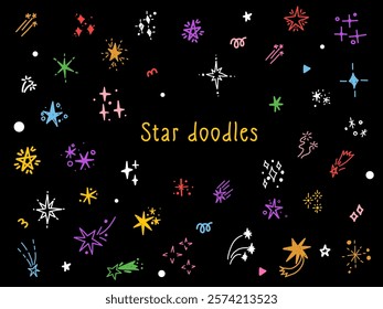 Hand drawn chalk crayon glitter star sparkling blinking spark doodle sketch scribble decorative scrapbook flare glare light vector illustrations