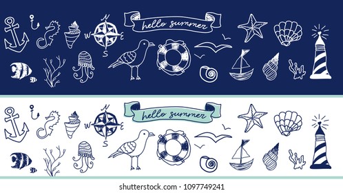 Hand drawn chalk doodle. Set of nautical illustration of ocean life, seafood, underwater world. Ribbon banner "Hello summer" Seamless navy blue pattern with white thin line. Marine background theme.