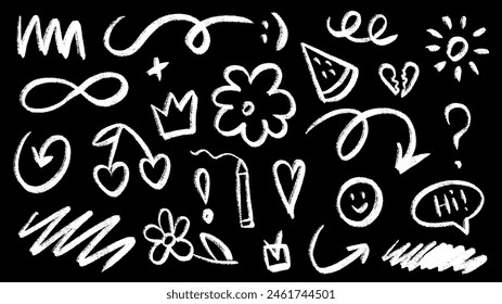 Hand drawn chalk doodle set. Charcoal pencil curly lines, squiggles and childish shapes. Chalk drawn vector elements. White charcoal on blackbackground.