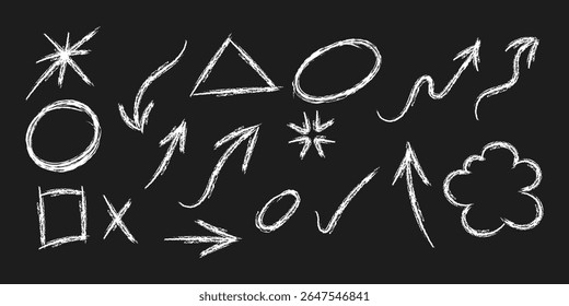 Hand drawn chalk doodle set. Charcoal pencil curly lines, squiggles and childish shapes. Chalk drawn vector elements. White charcoal on blackbackground.