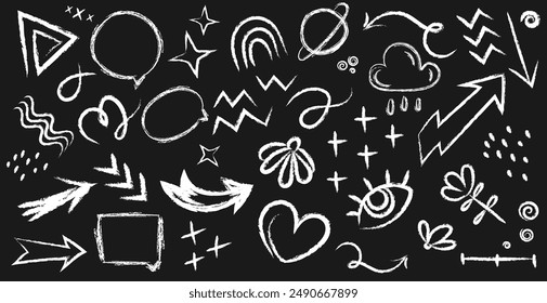 Hand drawn chalk doodles in chalk board style set.Chalk graphic elements arrows,frames,shapes and shapes,heart,eye,stars,clouds,planet. Crayon handwritten doodles.Chalk drawn vector elements