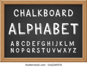Hand drawn chalk doodles capital letters of the Latin alphabet on black realistic chalkboard