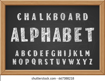 Hand drawn chalk doodles capital letters of the Latin alphabet on black realistic chalkboard