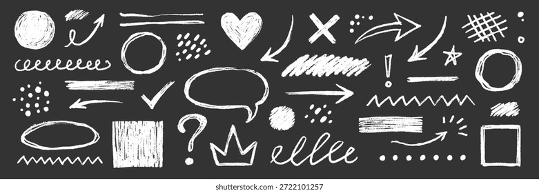 Hand drawn chalk doodles elements on blackboard texture arrows, question marks, question set. Highlight, circle frame, cloud sketch brush texture marker stroke. Vector illustration