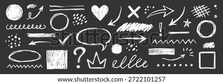 Hand drawn chalk doodles elements on blackboard texture arrows, question marks, question set. Highlight, circle frame, cloud sketch brush texture marker stroke. Vector illustration