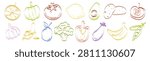 Hand drawn chalk doodles, fresh vegetable and fruit line icons of banana, apple, broccoli, pepper, and tomato. Color vector food kids illustrations with crayon texture, simple sketch of garlic, lemon
