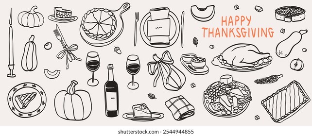 Hand drawn chalk food icons. Thanksgiving dinner table vector illustrations in Ink line style. Wine glass, turkey, pumpkin pie drawings for family invitations, greetings, cafe menus and parties.