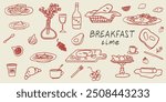 Hand drawn chalk food illustrations set. Sketch style breakfast, lunch icons. Wine glass, coffee, croissant, cheese and bread drawings for invitations, menus and parties. La dolce vita italian style.