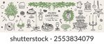 Hand drawn chalk food illustrations. Christmas dinner table icons. Wine or champagne glass, cheese, charcuterie drawings for new year invitations, cafe menus and parties. Christmas in sketch style.