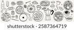 Hand drawn chalk food illustrations set. Sketch ink style breakfast, brunch or lunch icons. Coffee, croissant, cheese and bread drawings for invitations, cafe or restaurant business lunch menus.