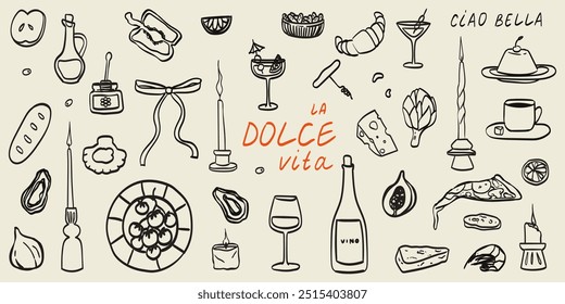 Hand drawn chalk food illustrations. Breakfast, lunch icons. Wine glass, coffee, croissant, cheese, bread drawings for wedding invitations, cafe menus and parties. La dolce vita italian sketch style.