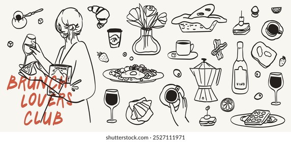 Conjunto de ilustraciones de comida de tiza dibujadas a mano. Desayuno estilo boceto, iconos de almuerzo. Vaso de vino, café, croissant, gofres y dibujos de vino para invitaciones, menús y fiestas. La dolce vita estilo italiano.