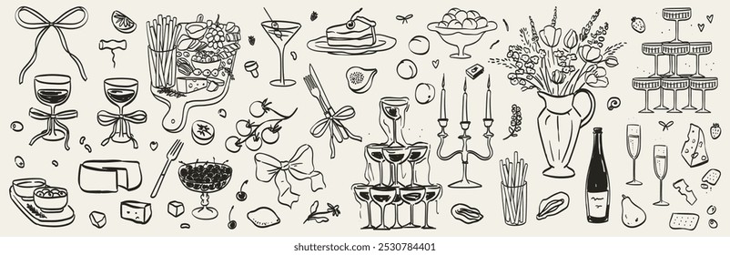 Hand drawn chalk food illustrations. Wedding dinner icons. Wine or champagne glass, cheese, charcuterie drawings for wedding invitations, cafe menus and parties. La dolce vita italian sketch style.