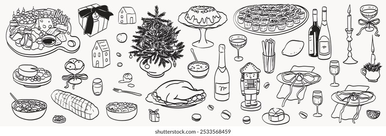 Ilustrações de comida de giz desenhadas à mão. Ícones da mesa de jantar de Natal. Vidro de vinho ou champanhe, queijo, desenhos de charcutaria para convites de ano novo, menus de café e festas. Natal em estilo de esboço.