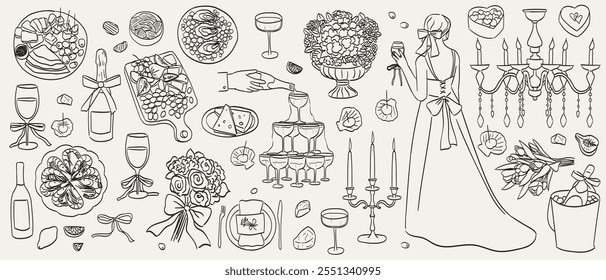 Ilustraciones de comida de tiza dibujadas a mano. Iconos de cena de boda de estilo italiano. Vino, copa de champán, queso, dibujos de charcutería para invitaciones de boda, menús de cafetería y fiestas. La dolce vita estilo de boceto