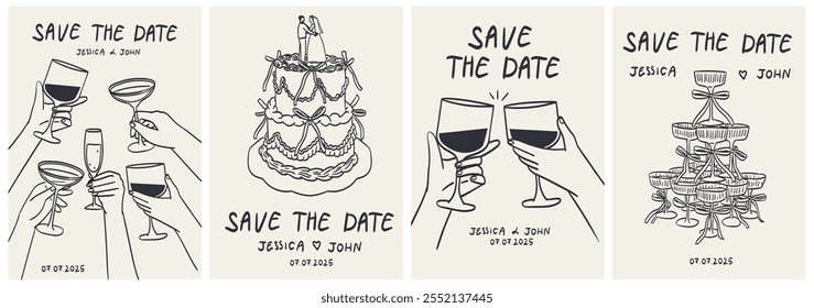 Ilustraciones de comida de tiza dibujadas a mano. Carteles y pancartas de la cena de boda de estilo italiano. Vino, copa de champán, queso, dibujos de pasteles para invitaciones de boda, menús y fiestas. Estilo de boceto de doodle de tinta