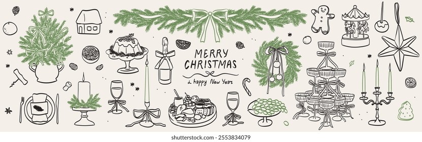 Hand drawn chalk food illustrations. Christmas dinner table icons. Wine or champagne glass, cheese, charcuterie drawings for new year invitations, cafe menus and parties. Christmas in sketch style.