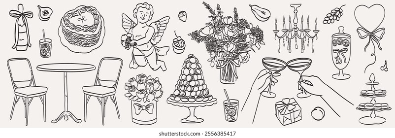 Hand drawn chalk food illustrations. Wedding or romantic dinner icons. Wine or champagne glass, dessert drawings for wedding invitations, cafe menus and parties. La dolce vita italian sketch style.