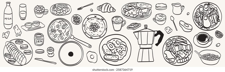 Hand drawn chalk food illustrations set. Sketch ink style breakfast, brunch or lunch icons. Coffee, croissant, cheese and bread drawings for invitations, cafe or restaurant business lunch menus.