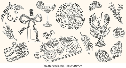 Hand drawn chalk food illustrations set. Drawings of wine, lobster, charcuterie, pizza, cheese, for wedding invitations, cafe menus and parties. La dolce vita italian sketch style. Vector ink drawing