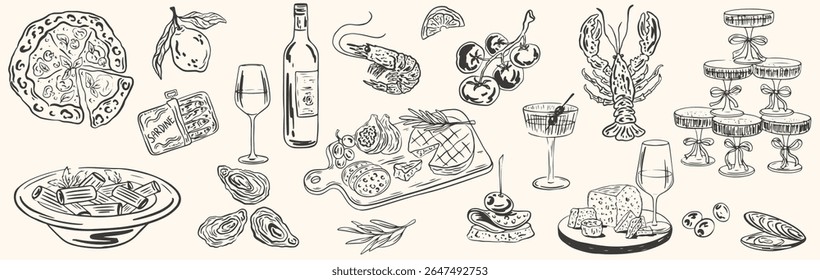 Ilustrações de comida de giz desenhadas à mão. Jantar mediterrâneo. Vinho, espaguete, ostras, desenhos de charcutaria para convites de casamento, menus. Ilustração em vetor La dolce vita estilo de esboço italiano.